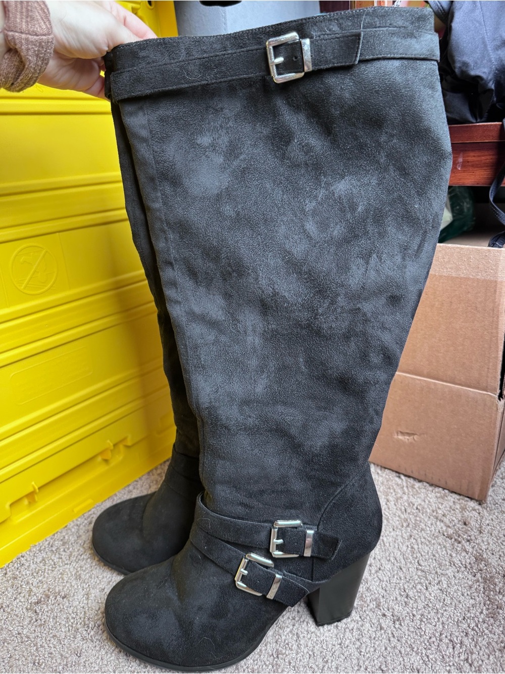 Women's Black Over-the-Knee Suede Heeled Boots with Buckle Accents